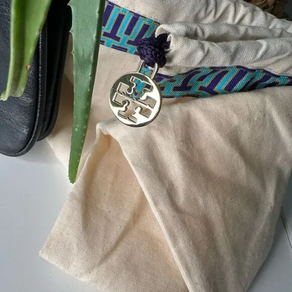 Tory Burch Black Leather Fold-Over Clutch | Removable Chain Strap | Silver Logo - Picture 9 of 12